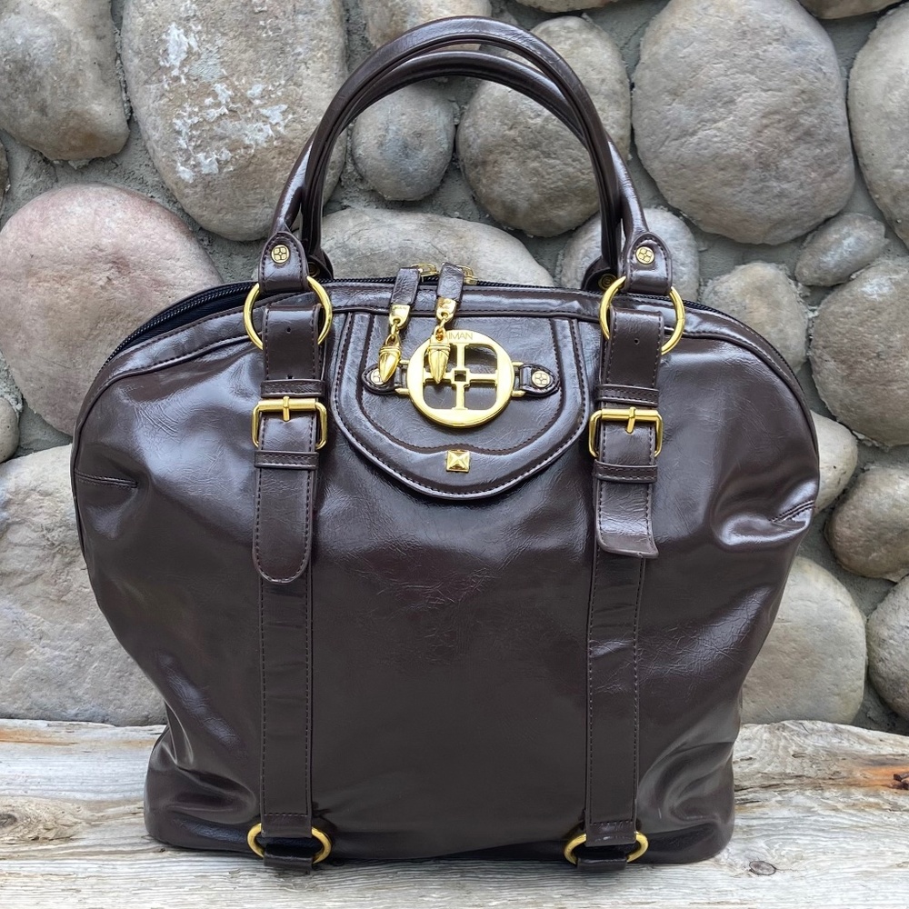 IMAN Brown Faux Leather Double Handle Satchel Travel Bag